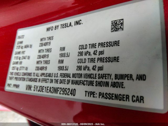 5YJ3E1EA3NF295240 Tesla MODEL 3