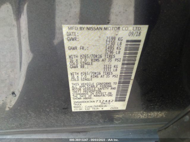 1N6AD0ER3KN712442 Nissan Frontier Sv