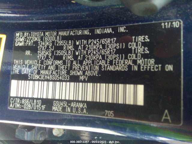 2011 TOYOTA HIGHLANDER BASE/SE VIN: 5TDBK3EH4BS054033