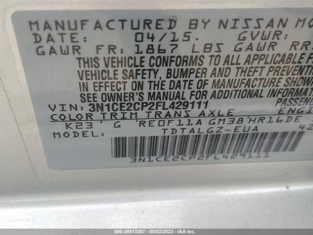 3N1CE2CP2FL429111 Nissan Versa Note Sr