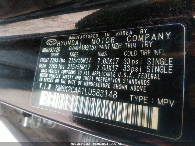 2020 HYUNDAI KONA SEL VIN: KM8K2CAA1LU583148