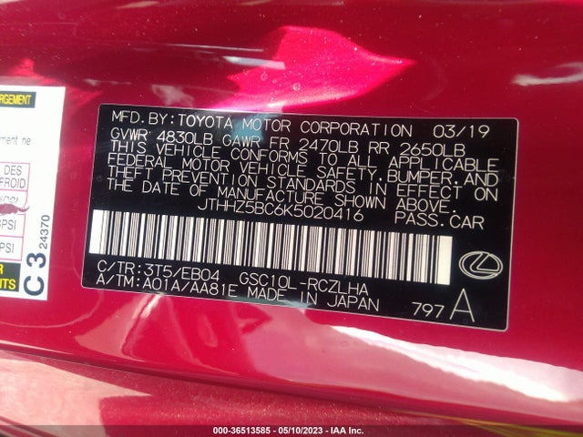 2019 Lexus RC, VIN: JTHHZ5BC6K5020416