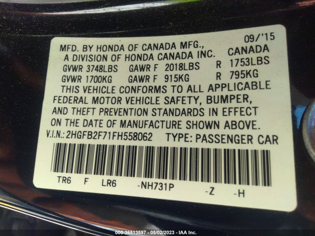 Honda Civic Sedan Se 2015 2HGFB2F71FH558062 Image 9