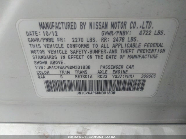 2013 INFINITI G37 SEDAN JOURNEY VIN: JN1CV6AP6DM301838