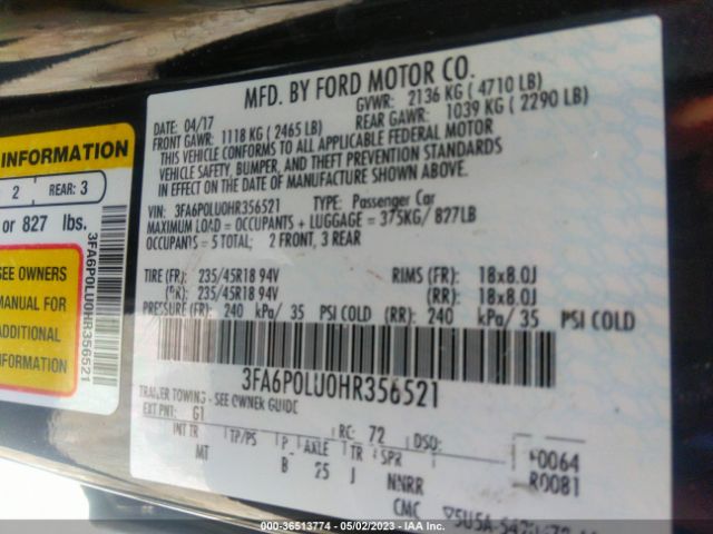 3FA6P0LU0HR356521 Ford Fusion Hybrid Se