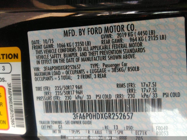 Ford FUSION SE 2016 3FA6P0HDXGR252657 Image 10