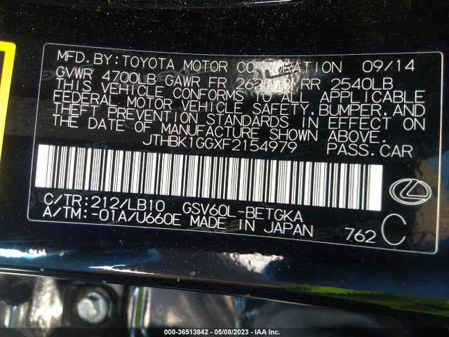 JTHBK1GGXF2154979 Lexus ES 350