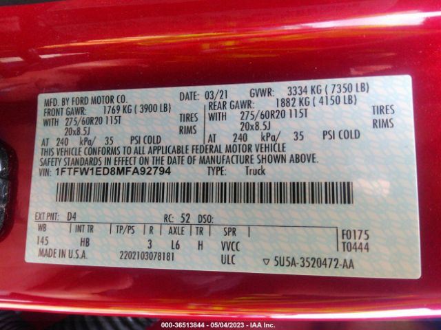 1FTFW1ED8MFA92794 Ford F-150 Xl/xlt/lariat