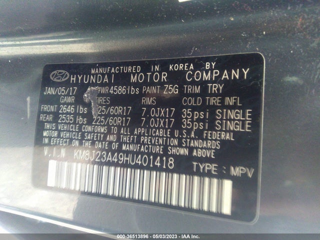 2017 HYUNDAI TUCSON SE VIN: KM8J23A49HU401418