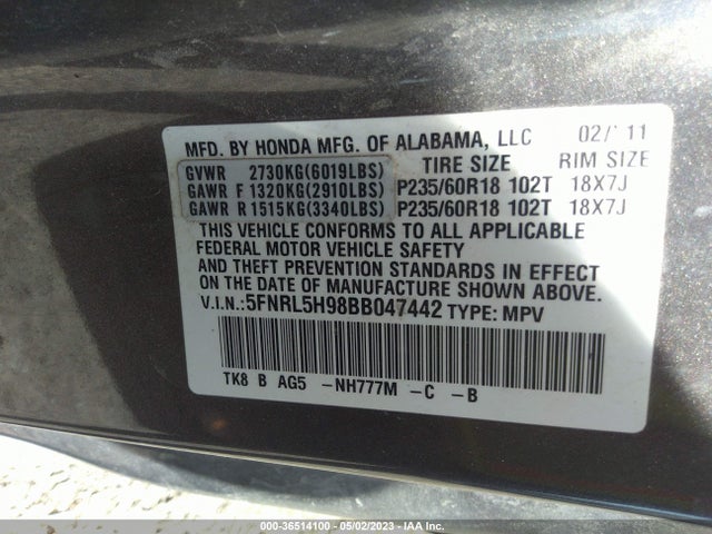 2011 HONDA ODYSSEY TOURING VIN: 5FNRL5H98BB047442