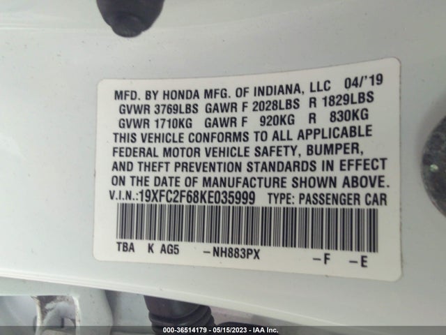 Honda Civic Sedan Lx 2019 19XFC2F68KE035999 Image 9