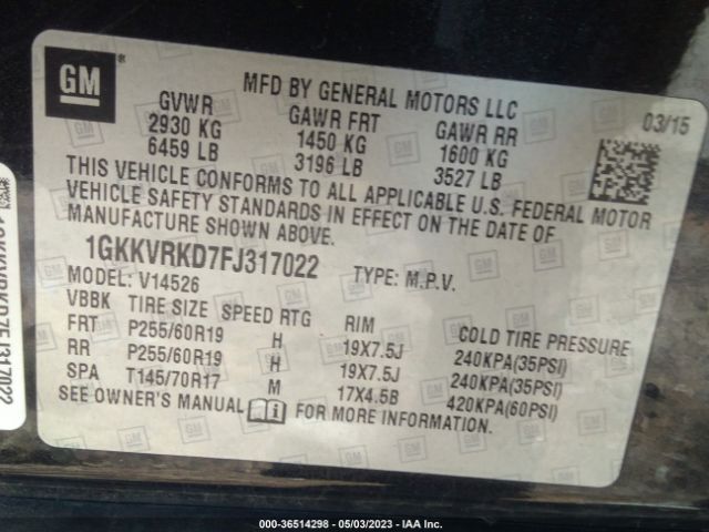 1GKKVRKD7FJ317022 GMC ACADIA SLT