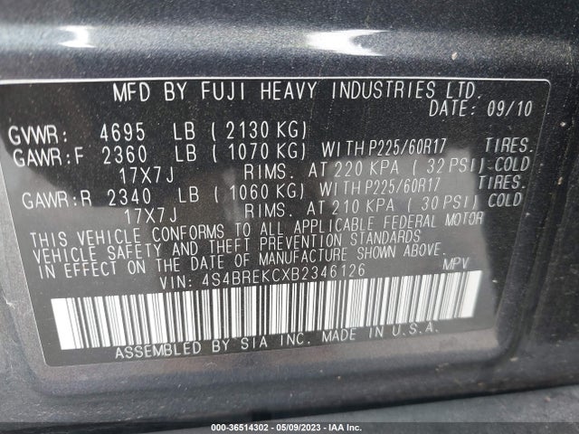 2011 SUBARU OUTBACK 3.6R LIMITED PWR MOON VIN: 4S4BREKCXB2346126