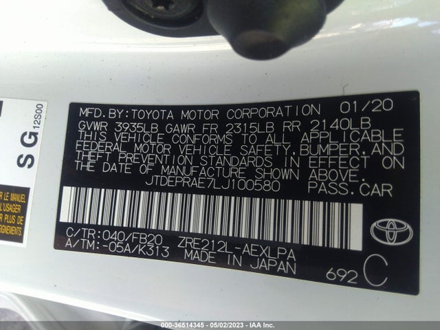 2020 TOYOTA COROLLA LE VIN: JTDEPRAE7LJ100580