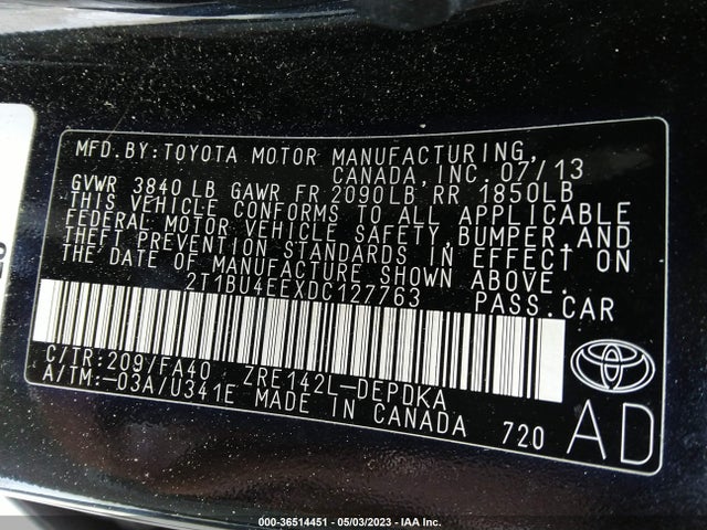 2013 TOYOTA COROLLA L/LE/S VIN: 2T1BU4EEXDC127763