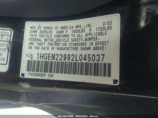 2002 HONDA CIVIC EX VIN: 1HGEM22992L045037
