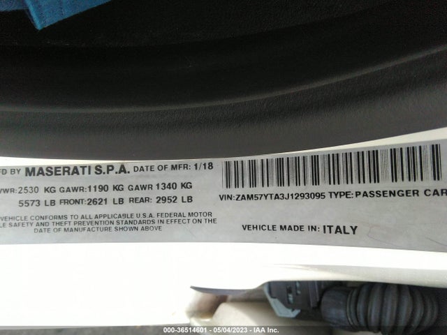 Продаж на аукціоні авто 2018 Maserati Ghibli S Q4, vin: ZAM57YTA3J1293095, номер лоту: 36514601