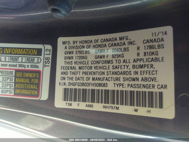 2015 HONDA CIVIC COUPE EX-L VIN: 2HGFG3B03FH508683