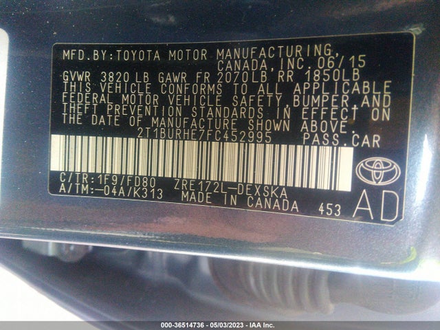 2015 TOYOTA COROLLA L/LE/S/S PLUS/LE PLUS VIN: 2T1BURHE7FC452995