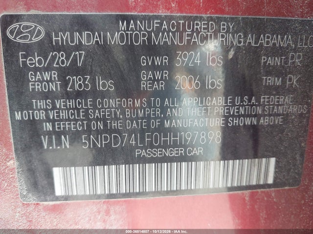 Продаж на аукціоні авто 2017 Hyundai Elantra Se, vin: 5NPD74LF0HH197898, номер лоту: 36514807