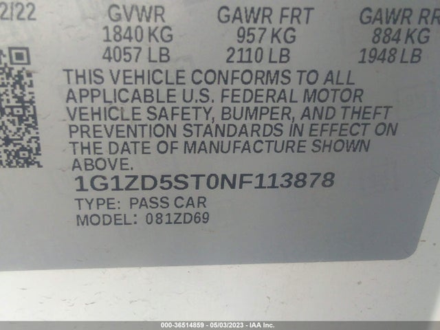 2022 Chevrolet Malibu, VIN: 1G1ZD5ST0NF113878