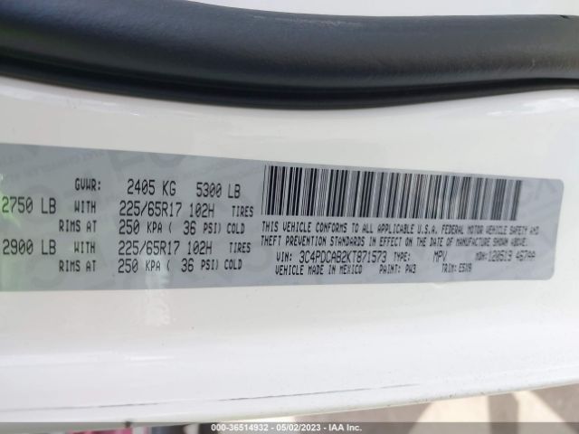 3C4PDCAB2KT871573 Dodge Journey Se Value Pkg