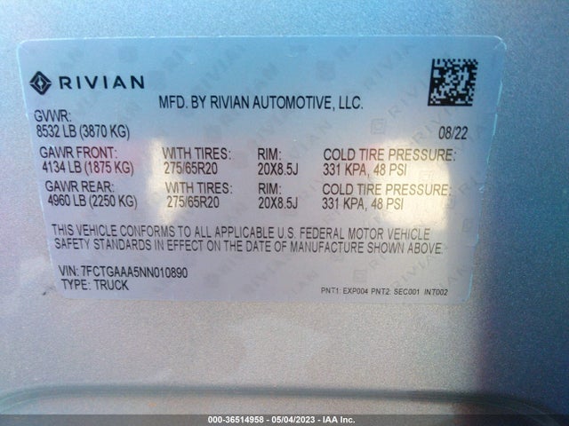 2022 Rivian R1T, VIN: 7FCTGAAA5NN010890