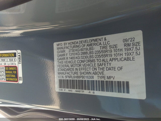 2023 HONDA ODYSSEY TOURING VIN: 5FNRL6H88PB016308