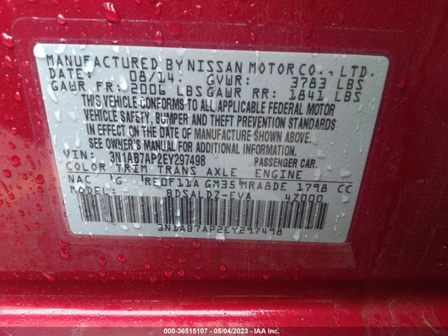 2014 NISSAN SENTRA SV VIN: 3N1AB7AP2EY297498