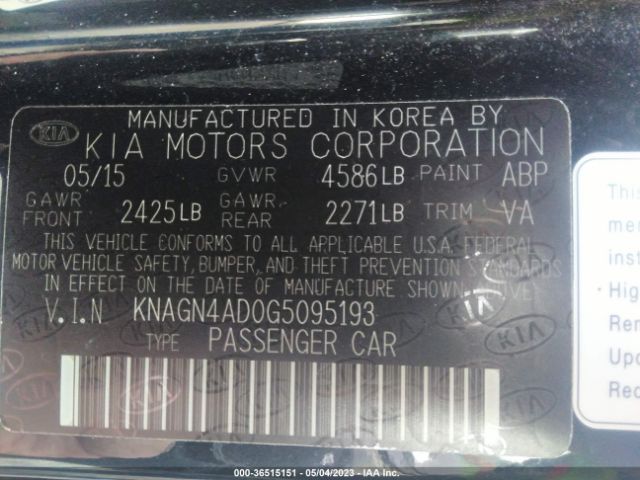 KNAGN4AD0G5095193 KIA Optima Hybrid Ex