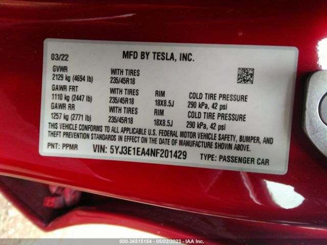 5YJ3E1EA4NF201429 Tesla MODEL 3