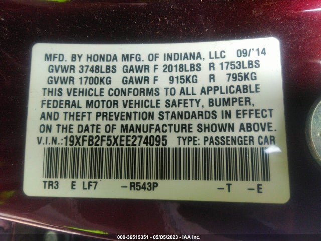 Honda Civic Sedan Lx 2014 19XFB2F5XEE274095 Image 9