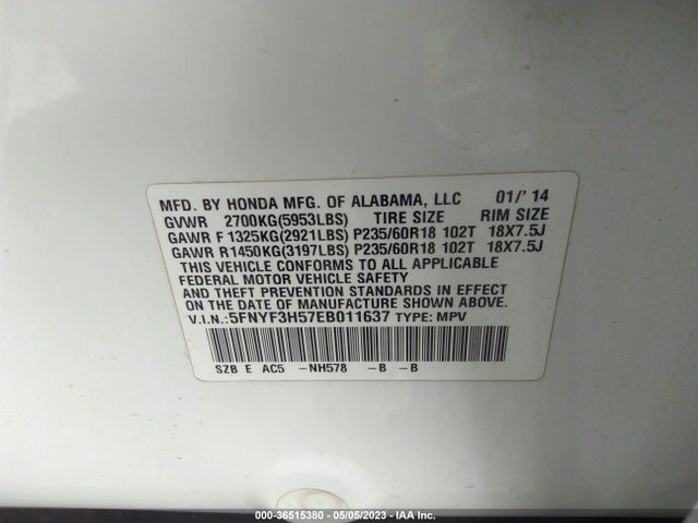 2014 HONDA PILOT EX-L VIN: 5FNYF3H57EB011637