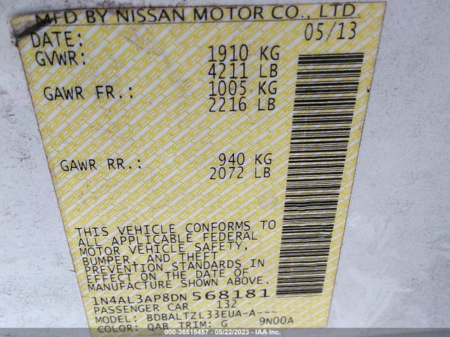 2013 NISSAN ALTIMA 2.5 SV VIN: 1N4AL3AP8DN568181