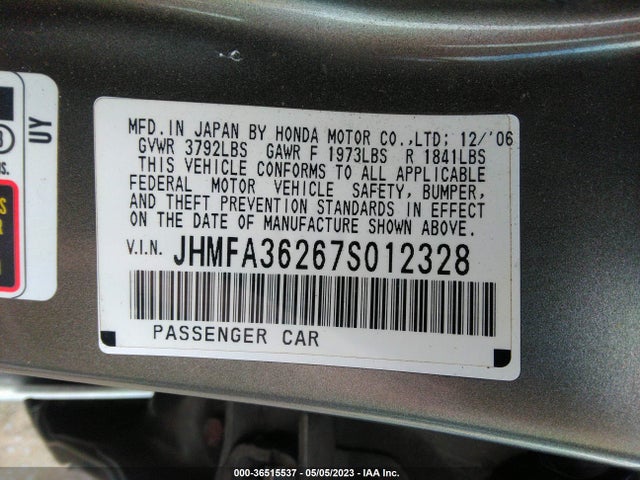 2007 HONDA CIVIC HYBRID VIN: JHMFA36267S012328