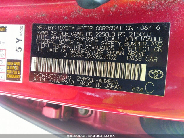 Toyota Prius Two 2016 JTDKBRFU2G3527032 Image 11