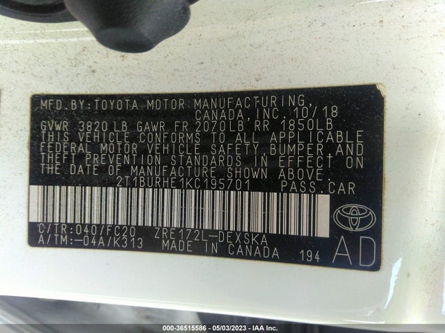 2019 TOYOTA COROLLA L/LE/SE/XLE/XSE VIN: 2T1BURHE1KC195701