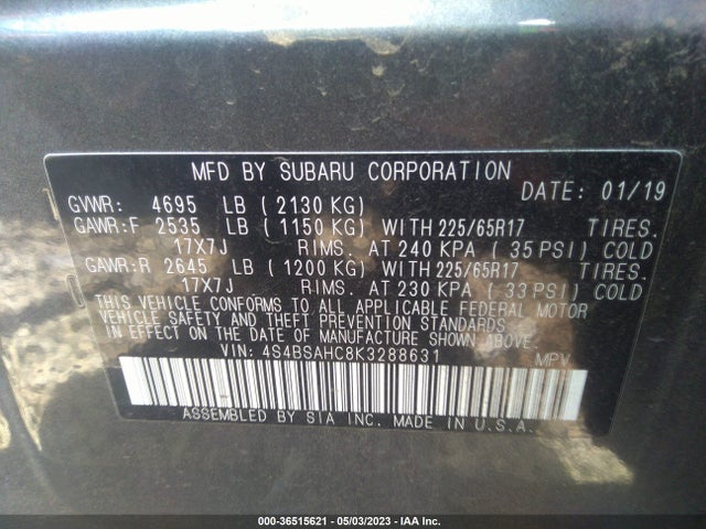 4S4BSAHC8K3288631 Subaru Outback Premium
