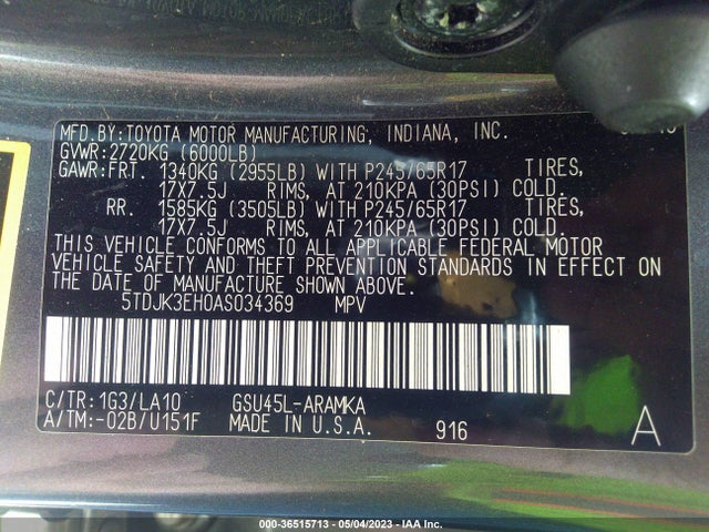 2010 TOYOTA HIGHLANDER SE VIN: 5TDJK3EH0AS034369