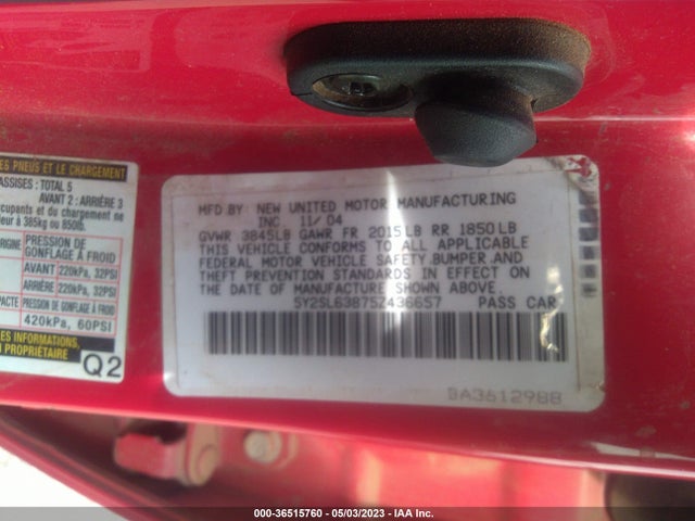 2005 PONTIAC VIBE VIN: 5Y2SL63875Z436657