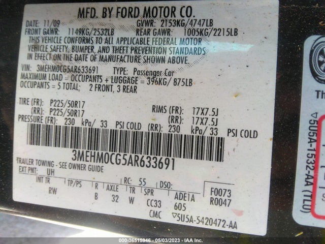 2010 MERCURY MILAN PREMIER VIN: 3MEHM0CG5AR633691