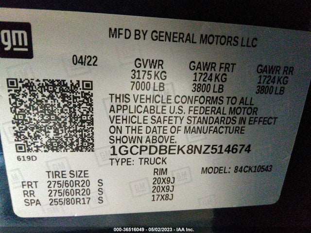 2022 CHEVROLET SILVERADO 1500 CUSTOM VIN: 1GCPDBEK8NZ514674