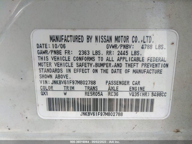 2007 INFINITI G35 SEDAN G35X VIN: JNKBV61F97M802788