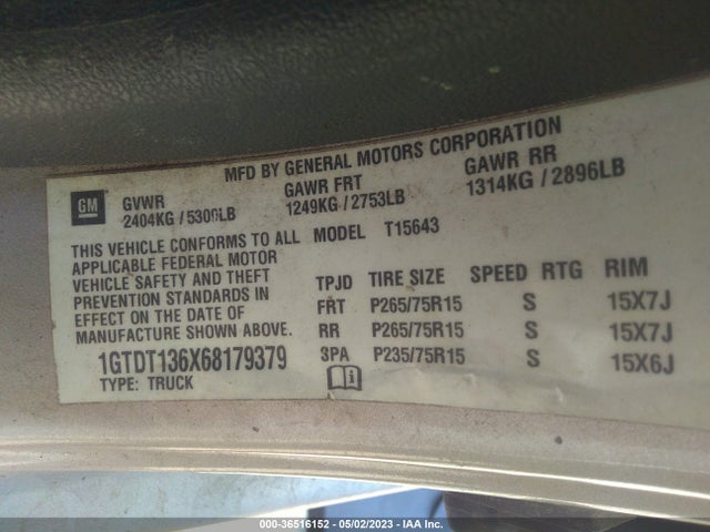 2006 GMC CANYON SLE2 VIN: 1GTDT136X68179379