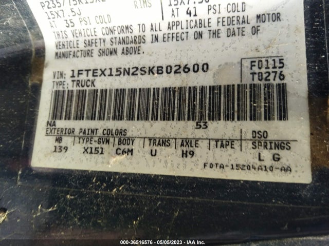 1995 FORD F150 VIN: 1FTEX15N2SKB02600