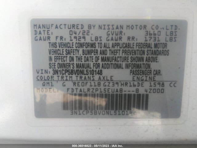 3N1CP5BV0NL510148 Nissan KICKS S