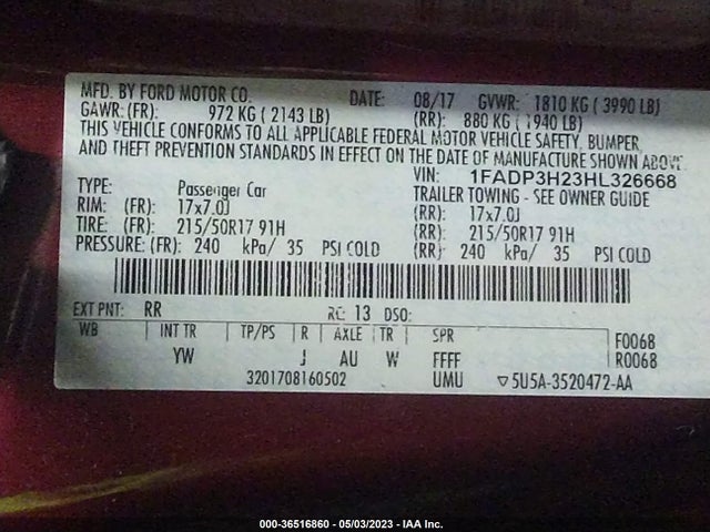 2017 FORD FOCUS SEL VIN: 1FADP3H23HL326668