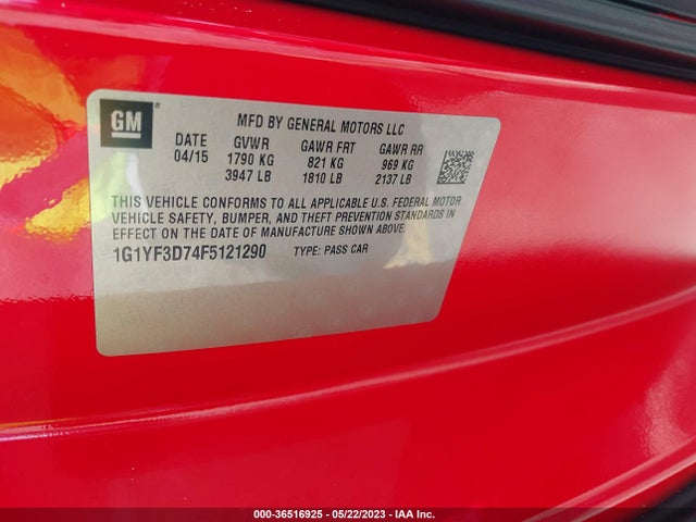 2015 CHEVROLET CORVETTE 3LT VIN: 1G1YF3D74F5121290