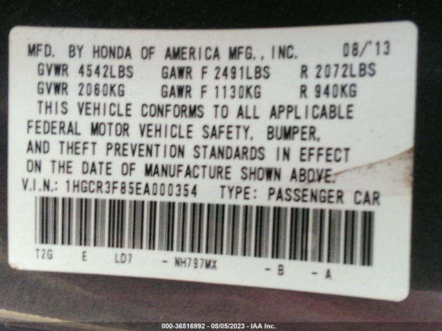 2014 HONDA ACCORD SEDAN EX-L VIN: 1HGCR3F85EA000354