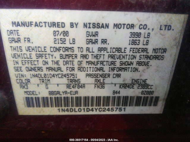 2000 NISSAN ALTIMA SE VIN: 1N4DL01D4YC245751